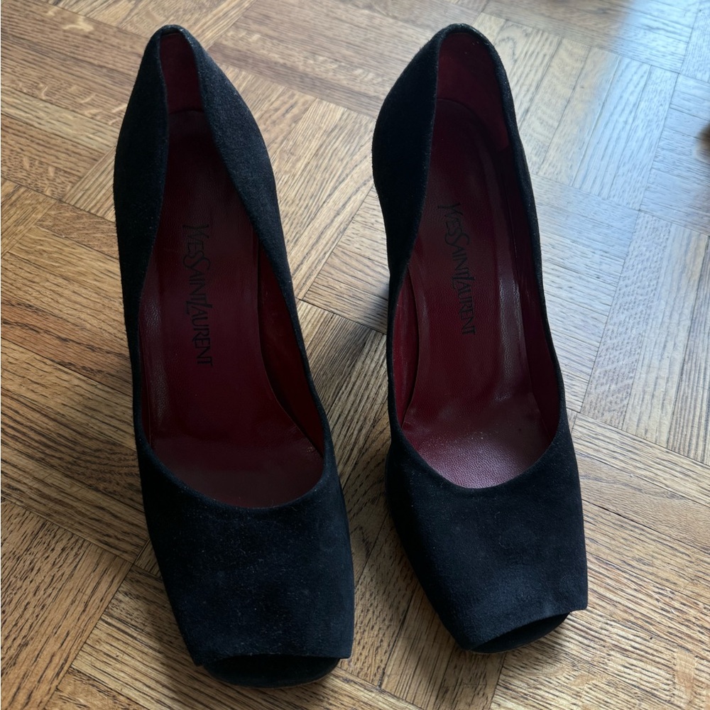 Yves Saint Laurent Black Suede Heels with Red Interior
